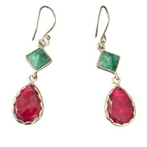 925% Sterling Silver Danglers Earrings Red Ruby & Green Emerald